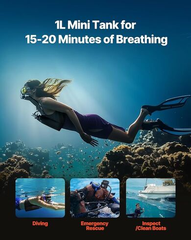 VEVOR Scuba Tank, 1L Portable Diving Tank, Diving Oxygen Cylinder Support 15-20 Minutes Underwater Breathing, 98.43 ft Diving Depth, Refillable Snorkel Air Tank Kit for Underwater Exploration Rescue in Kuwait