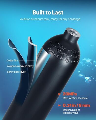 VEVOR Scuba Tank, 1L Portable Diving Tank, Diving Oxygen Cylinder Support 15-20 Minutes Underwater Breathing, 98.43 ft Diving Depth, Refillable Snorkel Air Tank Kit for Underwater Exploration Rescue in Kuwait