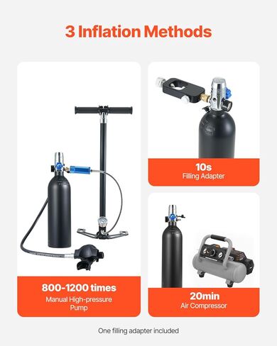 VEVOR Scuba Tank, 1L Portable Diving Tank, Diving Oxygen Cylinder Support 15-20 Minutes Underwater Breathing, 98.43 ft Diving Depth, Refillable Snorkel Air Tank Kit for Underwater Exploration Rescue in Kuwait