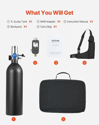 VEVOR Scuba Tank, 1L Portable Diving Tank, Diving Oxygen Cylinder Support 15-20 Minutes Underwater Breathing, 98.43 ft Diving Depth, Refillable Snorkel Air Tank Kit for Underwater Exploration Rescue in Kuwait