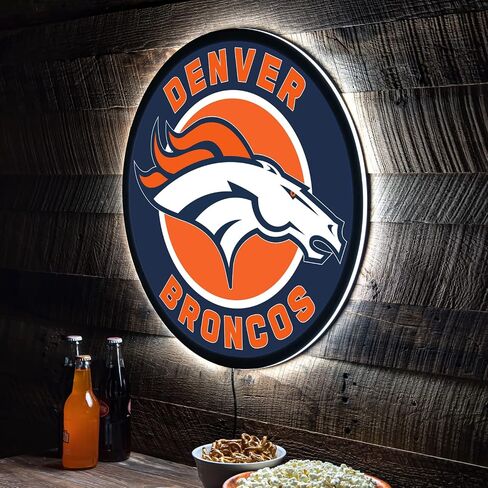Team Sports America Evergreen NFL Denver Broncos | Ultra-Thin LED Light Wall Sign Decor | 23 Inch Round | Made in the USA in Saudi Arabia