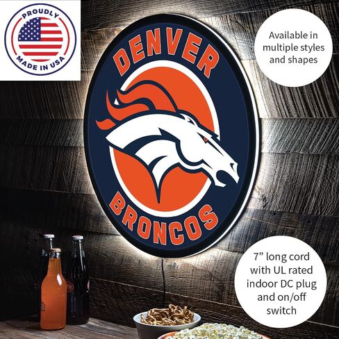 Team Sports America Evergreen NFL Denver Broncos | Ultra-Thin LED Light Wall Sign Decor | 23 Inch Round | Made in the USA in Saudi Arabia