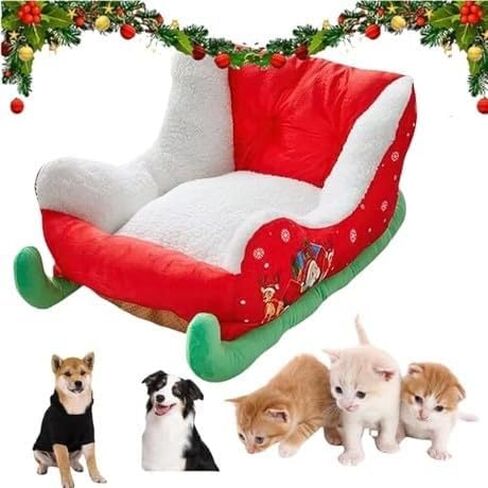 Christmas Sled Pet Bed, Red and White Plush Winter Nest for Dogs and Cats, Removable Washable Holiday Theme, 31.5 x 21.7 x 15 Inches in Saudi Arabia