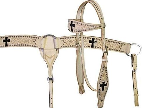 Showman Tooled Leather Headstall & Breast Collar Set w/Cut Out Crosses & Cowhide in Saudi Arabia