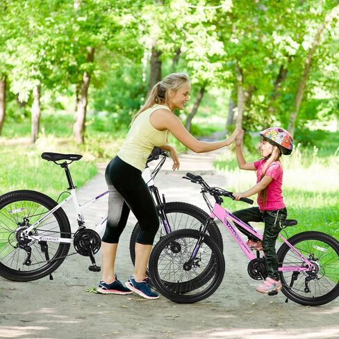 دراجة جبلية 24/26 بوصة للنساء والفتيات، دراجة جبلية 21 سرعة مع قرص/فرامل على شكل حرف V ونظام تعليق شوكة أمامي، إطار من الصلب الكربوني دراجة MTB in Kuwait