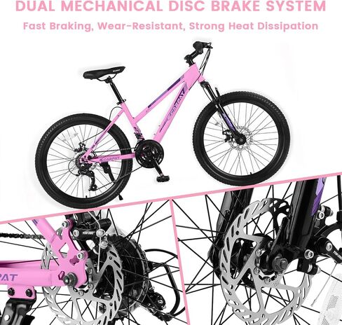 دراجة جبلية 24/26 بوصة للنساء والفتيات، دراجة جبلية 21 سرعة مع قرص/فرامل على شكل حرف V ونظام تعليق شوكة أمامي، إطار من الصلب الكربوني دراجة MTB in Kuwait