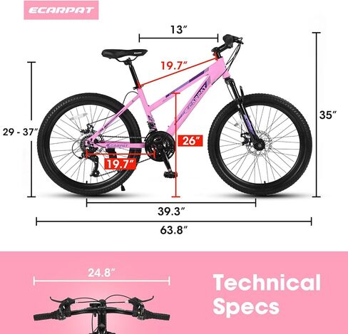 دراجة جبلية 24/26 بوصة للنساء والفتيات، دراجة جبلية 21 سرعة مع قرص/فرامل على شكل حرف V ونظام تعليق شوكة أمامي، إطار من الصلب الكربوني دراجة MTB in Kuwait