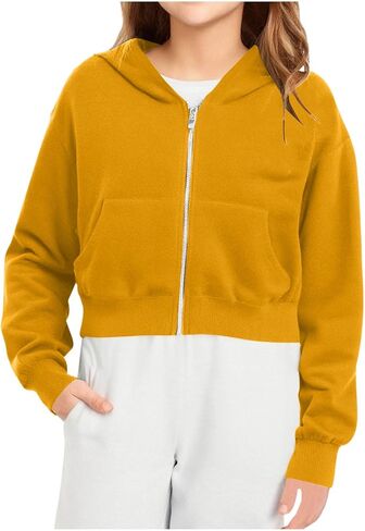 Girls Cropped Zip Up Hoodies Casual Hooded Crop Sweatshirts Long Sleeve Athletic Preppy Track Jacket with Pockets in Saudi Arabia