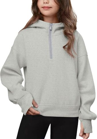 Haloumoning Girls Athletic Quarter Zip Fleece Hoodies Kids Side Slits Sweatshirts Thumb Hole Pullover Tops 5-14 Years in Saudi Arabia