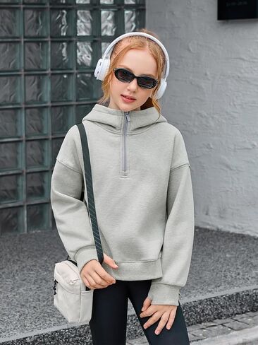 Haloumoning Girls Athletic Quarter Zip Fleece Hoodies Kids Side Slits Sweatshirts Thumb Hole Pullover Tops 5-14 Years in Saudi Arabia