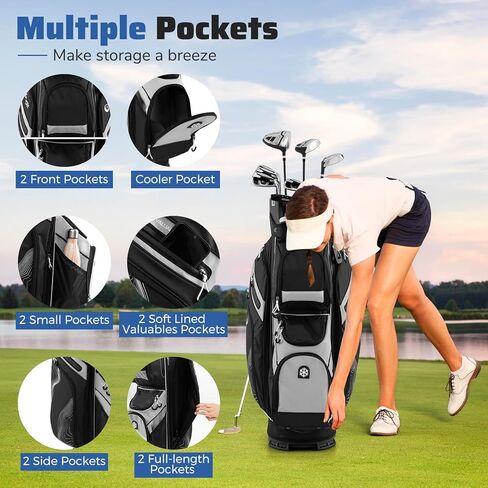Goplus Lightweight Golf Cart Bag, Molded Lock Top Golf Club Bag w/14-Way Full Length Organizer Dividers, 11 Pockets, Cooler Bag, Straps, Umbrella Holder & Rain Hood for Men Women in Saudi Arabia