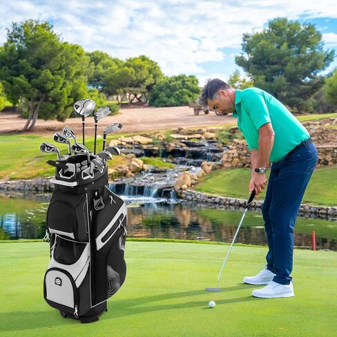 Goplus Lightweight Golf Cart Bag, Molded Lock Top Golf Club Bag w/14-Way Full Length Organizer Dividers, 11 Pockets, Cooler Bag, Straps, Umbrella Holder & Rain Hood for Men Women in Saudi Arabia