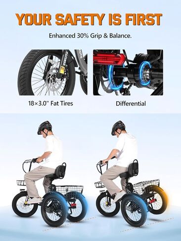 دراجة كهربائية ESKUTE E Trike، دراجة كهربائية قابلة للطي بمحرك بدون فرش بقدرة 1200 واط، 18 × 3.0 دراجة كهربائية بإطارات سميكة، بطارية قابلة للإزالة 499 وات في الساعة، دراجة كهربائية ثلاثية العجلات، تصل إلى 55 ميلًا، 18 ميل في الساعة + دراجة ثلاثية العجلات in Kuwait