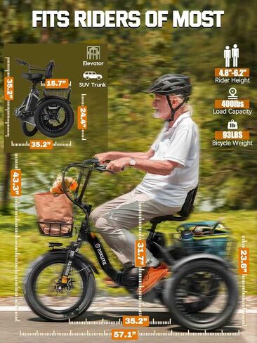 دراجة كهربائية ESKUTE E Trike، دراجة كهربائية قابلة للطي بمحرك بدون فرش بقدرة 1200 واط، 18 × 3.0 دراجة كهربائية بإطارات سميكة، بطارية قابلة للإزالة 499 وات في الساعة، دراجة كهربائية ثلاثية العجلات، تصل إلى 55 ميلًا، 18 ميل في الساعة + دراجة ثلاثية العجلات in Kuwait