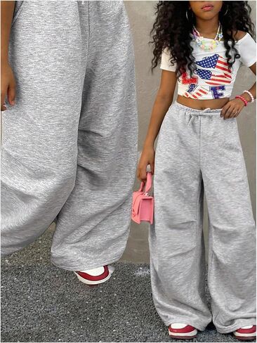Girl's Wide Leg Sweatpants Bowknot High Waisted Ruched Casual Baggy Pants with Pockets in Saudi Arabia