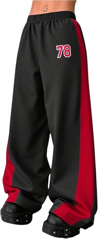 GORGLITTER Girl's Wide Leg Baggy Sweatpants Y2K Number Graphic Elastic Low Waist Color Block Athletic Track Pants in Saudi Arabia