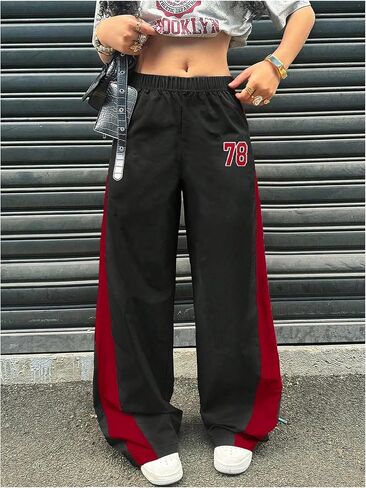 GORGLITTER Girl's Wide Leg Baggy Sweatpants Y2K Number Graphic Elastic Low Waist Color Block Athletic Track Pants in Saudi Arabia
