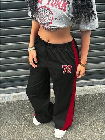 GORGLITTER Girl's Wide Leg Baggy Sweatpants Y2K Number Graphic Elastic Low Waist Color Block Athletic Track Pants in Saudi Arabia
