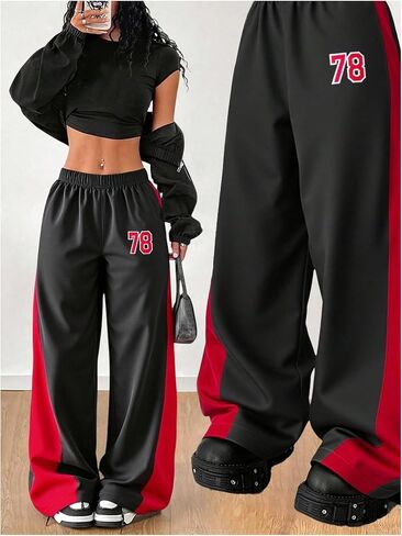 GORGLITTER Girl's Wide Leg Baggy Sweatpants Y2K Number Graphic Elastic Low Waist Color Block Athletic Track Pants in Saudi Arabia