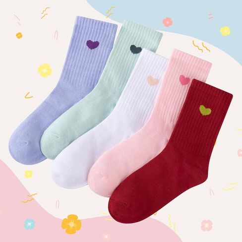 Comfoex Girls Cute Ankle Socks Cotton Crew Fun Heart Athletic Socks for Little Big Kids 4-7 7-10 Years Old 5 Pairs in Saudi Arabia