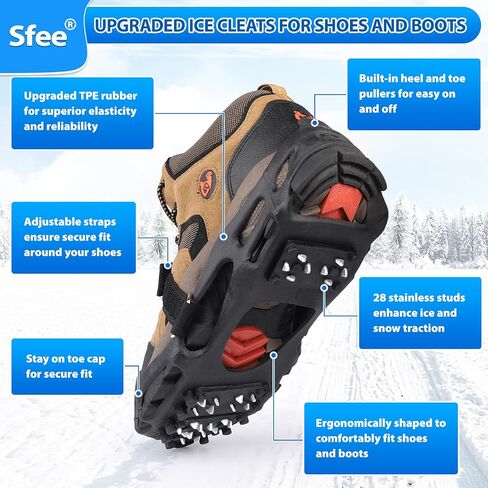 Sfee Crampons مرابط الجليد للأحذية والأحذية طويلة الرقبة، 28 مخارز أحذية فولاذية فائقة القبضة مرابط ثلج للرجال والنساء غير قابلة للانزلاق مقابض ثلج للجر للأحذية والأحذية طويلة الرقبة للمشي والمشي لمسافات طويلة والتسلق وصيد الأسماك in Kuwait