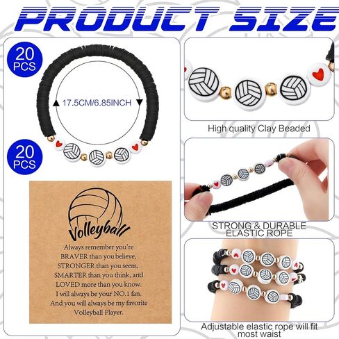 20 Set Volleyball Bracelets Team Gift Bead Ball Bracelet Bulk Adjustable with Inspirational Card Charm Bracelets for Volleyball Team Players Birthday Party Favor Gift in Saudi Arabia
