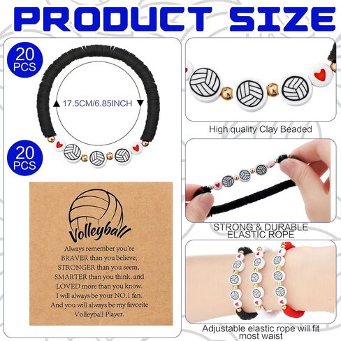 20 Set Volleyball Bracelets Team Gift Bead Ball Bracelet Bulk Adjustable with Inspirational Card Charm Bracelets for Volleyball Team Players Birthday Party Favor Gift in Saudi Arabia