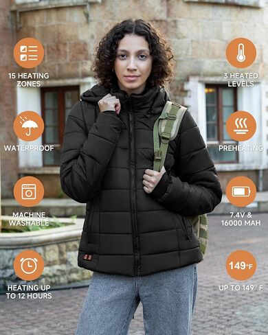 Heated Jacket for Women, Winter Heating Coat Slim Fit Coat with Detachable Hood in Saudi Arabia