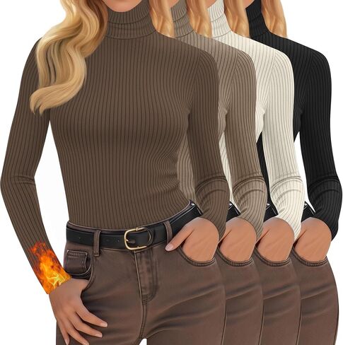 4 Pack Women's Turtleneck Tops Ribbed Long Sleeve Thermal Shirts Cotton Slim Fitted Base Layer Thermal Underwear in Saudi Arabia