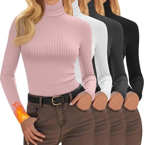 4 Pack Women's Turtleneck Tops Ribbed Long Sleeve Thermal Shirts Cotton Slim Fitted Base Layer Thermal Underwear in Saudi Arabia