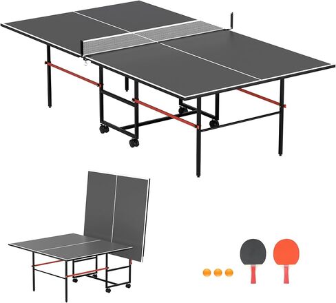 Ping Pong Table for Indoor/Outdoor, 8X4FT Foldable Mid-Size Table Tennis Table with Net, 2 Table Tennis Paddles and 3 Balls - Easy Assembly - Tournament Quality - Perfect for Family Game Rooms in Kuwait