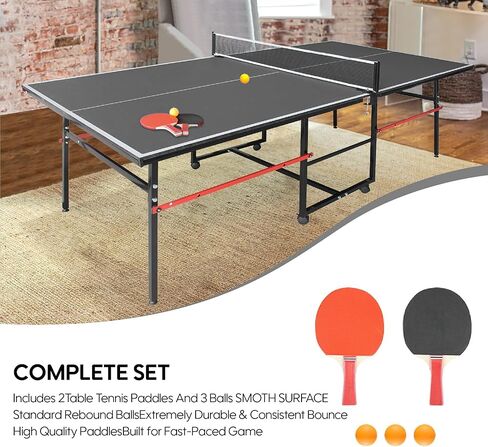 Ping Pong Table for Indoor/Outdoor, 8X4FT Foldable Mid-Size Table Tennis Table with Net, 2 Table Tennis Paddles and 3 Balls - Easy Assembly - Tournament Quality - Perfect for Family Game Rooms in Kuwait