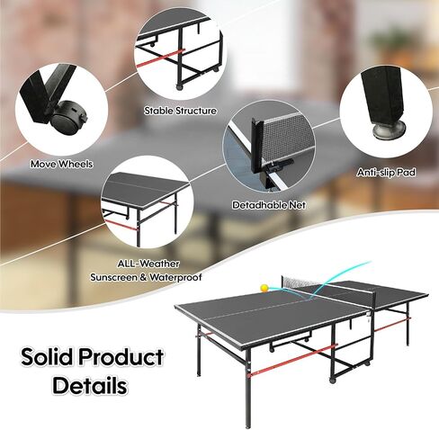 Ping Pong Table for Indoor/Outdoor, 8X4FT Foldable Mid-Size Table Tennis Table with Net, 2 Table Tennis Paddles and 3 Balls - Easy Assembly - Tournament Quality - Perfect for Family Game Rooms in Kuwait