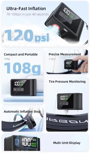 مضخة دراجة كهربائية صغيرة - مضخة جيب سريعة النفخ بقدرة 120 رطل لكل بوصة مربعة مع مقياس LCD وبطارية قابلة لإعادة الشحن ومصباح يدوي - تناسب صمامات بريستا وشرايدر لدراجات الطرق والجبال in Saudi Arabia