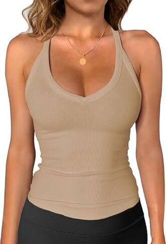 Women's V-Neck Slimming Ribbed Sleeveless Sports Vest, Summer Casual and Fashionable Strappy Vest in Saudi Arabia