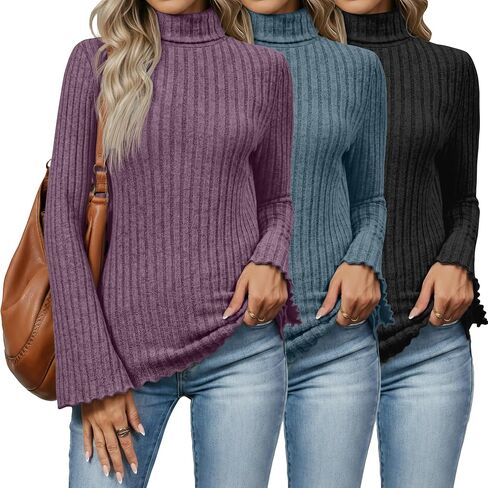 3 Pack Women's Turtleneck Sweaters Slim Fit Ribbed Knitted Bell Long Sleeve Pullover Shirt Basic Tops Fall Winter in Saudi Arabia