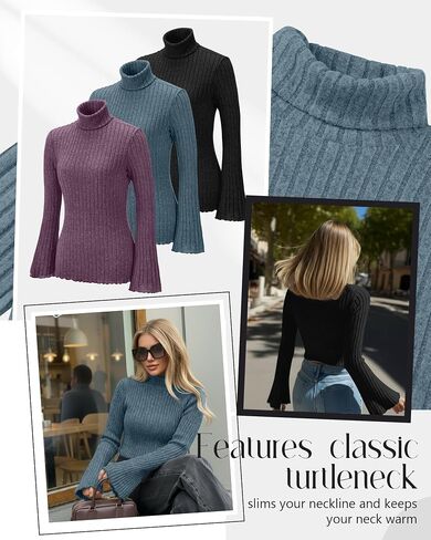 3 Pack Women's Turtleneck Sweaters Slim Fit Ribbed Knitted Bell Long Sleeve Pullover Shirt Basic Tops Fall Winter in Saudi Arabia