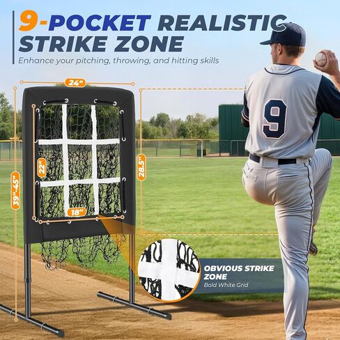 9 Hole Pitching Net, Portable Quick Setup Baseball Softball Nine Pocket Pitching Target with Strike Zone, Height Adjustable Pitcher Training Equipment with Carry Bag, 4 Ground Stakes in Saudi Arabia