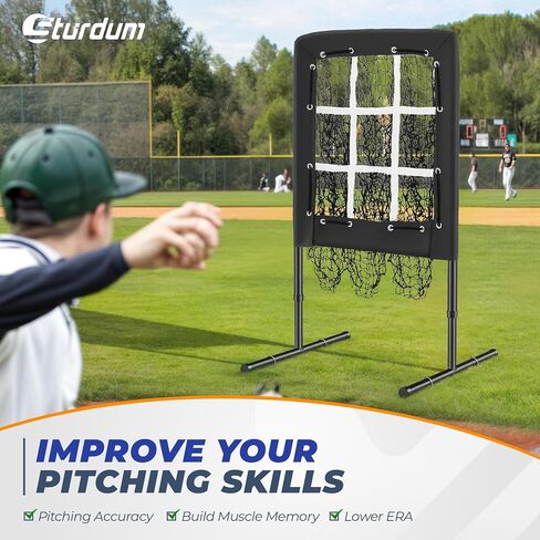 9 Hole Pitching Net, Portable Quick Setup Baseball Softball Nine Pocket Pitching Target with Strike Zone, Height Adjustable Pitcher Training Equipment with Carry Bag, 4 Ground Stakes in Saudi Arabia