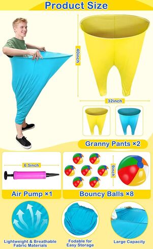 11 PCS Granny Pants Yard Game Set, Oversized Blue & Yellow Pants With 8 Colorful Bouncy Balls & 1 Air Pump, Outdoor Tossing Games For Adults Family Birthday Christmas Party Backyard Reunion Gatherings in Saudi Arabia