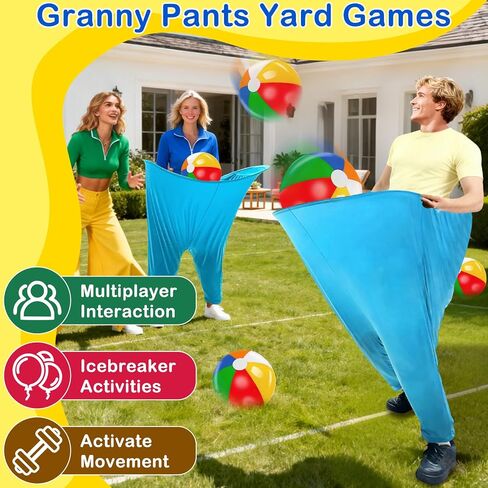 11 PCS Granny Pants Yard Game Set, Oversized Blue & Yellow Pants With 8 Colorful Bouncy Balls & 1 Air Pump, Outdoor Tossing Games For Adults Family Birthday Christmas Party Backyard Reunion Gatherings in Saudi Arabia