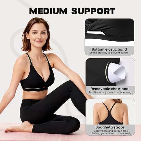 V Neck Sports Bras for Women Medium Support Yoga Tops Y Back Spaghetti Straps Workout Bra with Removable Cups in Saudi Arabia