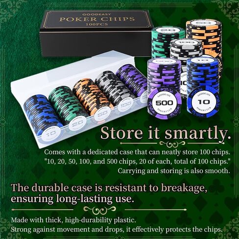 Poker Chips 100pcs Set with Case – Casino Grade Clay Composite, Weighted 14g, Home Casino Game, Beginner Friendly Gift in Saudi Arabia