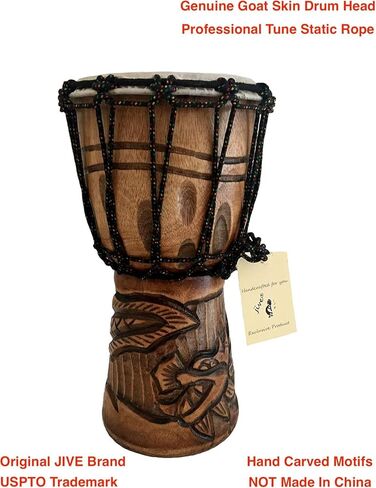 طبلة Djembe Drum من الخشب الصلب المنحوت بعمق طبلة Bongo كونغو الأفريقية - مقاس متوسط ​​مرتفع 30.48 سم - جودة احترافية - غير مصنوعة في الصين - العلامة التجارية JIVE (دولفين) in Kuwait