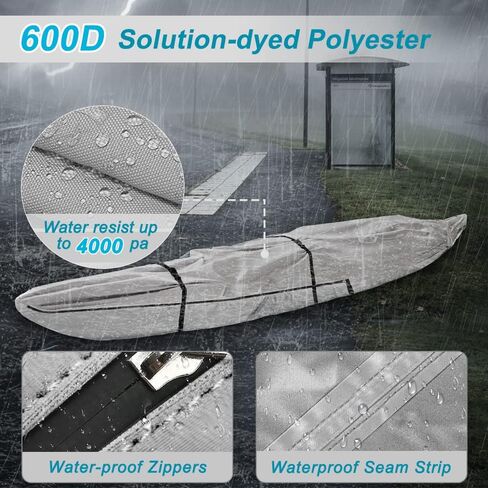 Fade and Tear Resistant Trailerable Cover with Waterproof Zipper, 600D Marine Grade Heavy-Duty Waterproof Canoe Cover Fit for 12ft Kayak, Indoor/Outdoor Storage, Gray in Saudi Arabia