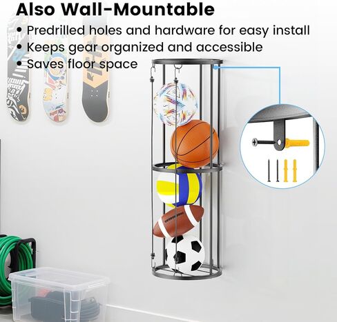 Garage Ball Storage Rack – Freestanding & Wall Mounted Sports Organizer with Elastic Cords Holds 7 Balls – Space Saving Basketball Soccer Football Holder for Home Kids Room in Saudi Arabia