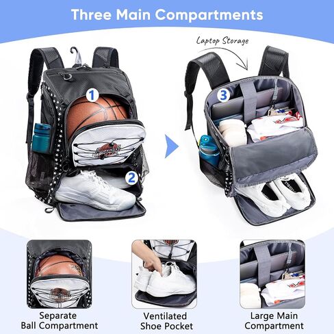 Basketball Backpack with Ball & Shoes Compartment - 30L Capacity Sports Bag, Basketball Accessories Bag Lightweight Breathable for Boys Grils in Saudi Arabia