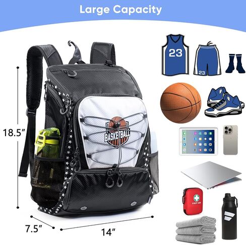 Basketball Backpack with Ball & Shoes Compartment - 30L Capacity Sports Bag, Basketball Accessories Bag Lightweight Breathable for Boys Grils in Saudi Arabia