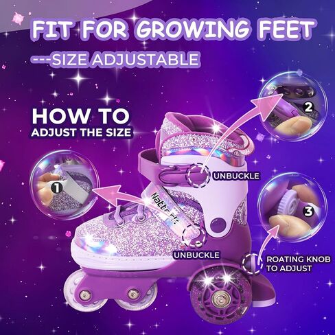 Nattork Toddler Roller Skates, 4 Adjustable Sizes Tri-Wheel Skates for Girls Ages 3-7 with Fun Light-Up Wheels & Safety Protection - Birthday Gift for Indoor Outdoor Sports in Saudi Arabia