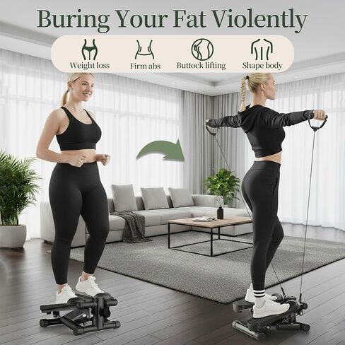 سلالم صغيرة مع أشرطة مقاومة للتمرين في المنزل، آلة ستيبر قابلة للحمل لتمرين الجسم بالكامل، ستيبر لياقة هيدروليكي مع شاشة LCD، أسود in Kuwait